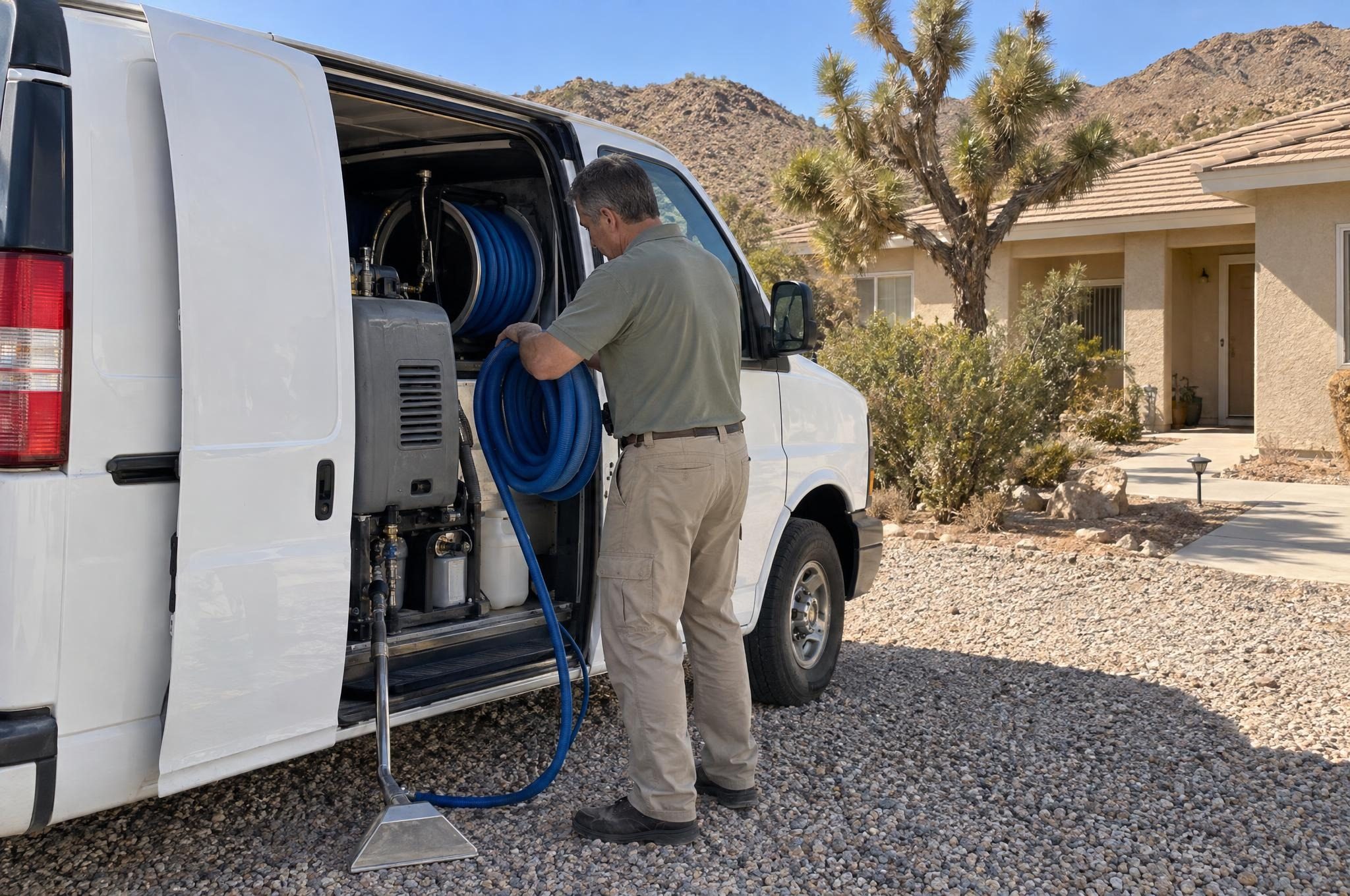 Luis coiling a cleaning hose at his white van and truck-mounted machine