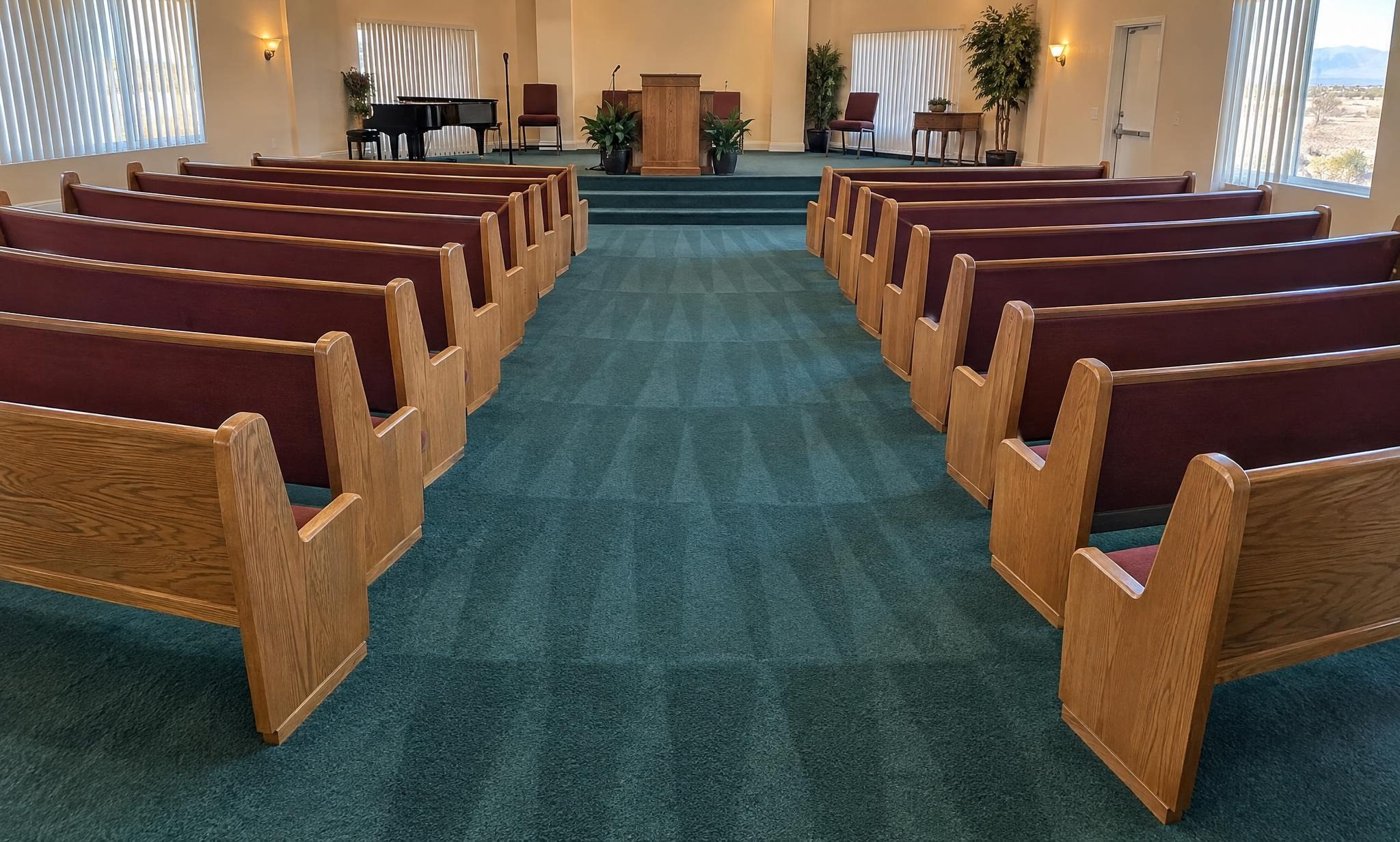 Church pews above freshly cleaned carpet